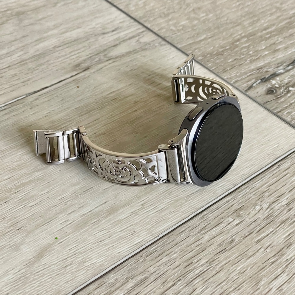 Silver Floral Stainless Steel Smartwatch Band - Fits Round Smartwatches - Picture 5 of 9